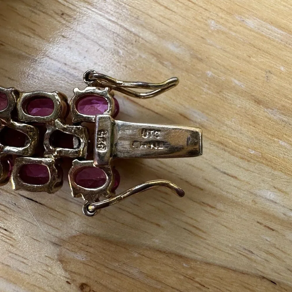 Link Bracelet Lab Pink Sapphires 3 Tier Size 7 Gold Plated Sterling Silver 42.7g